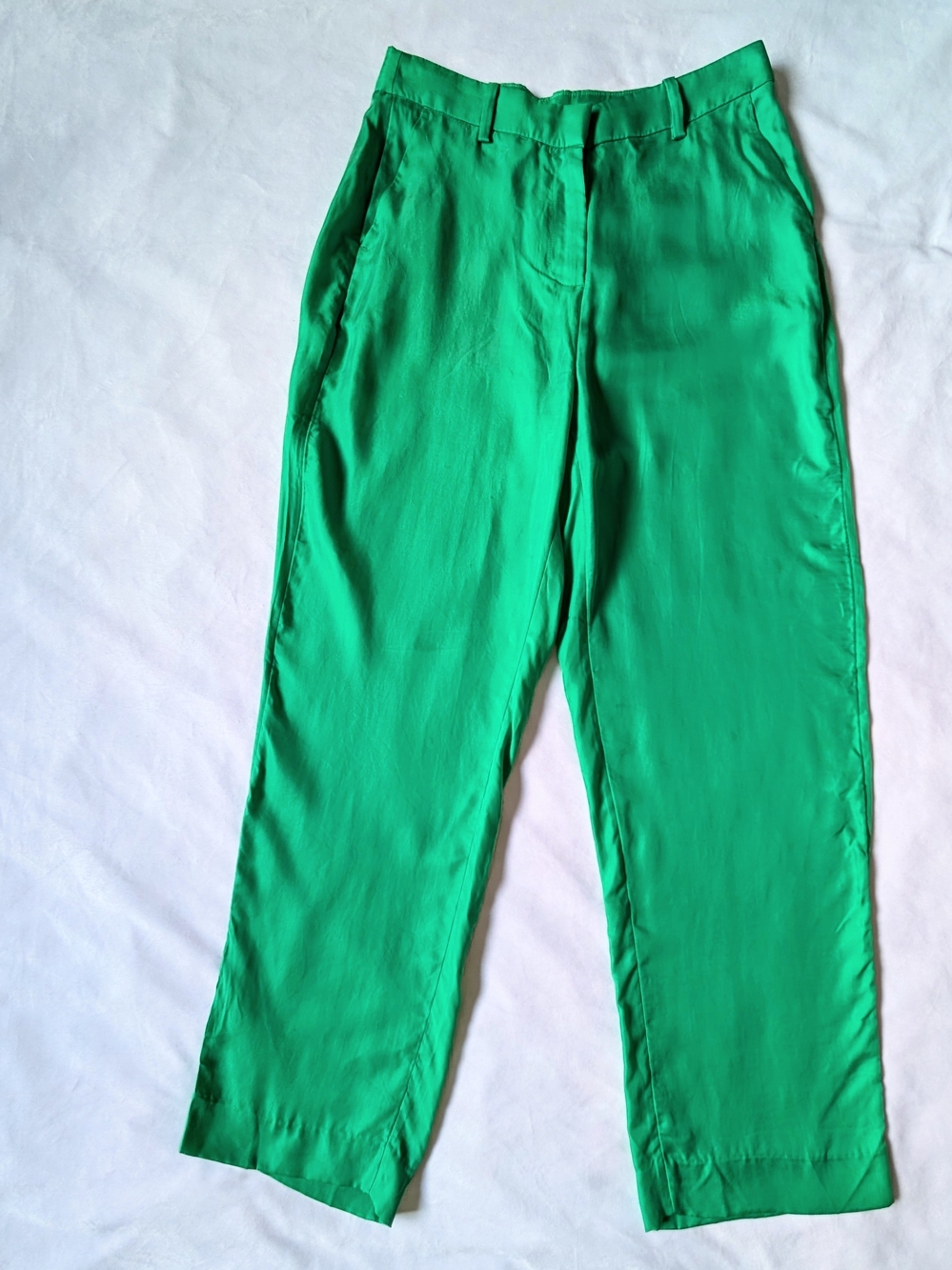 Womens Drapey Cupro Blend High Rise Full Length Trousers Pants 2 Green Like Silk